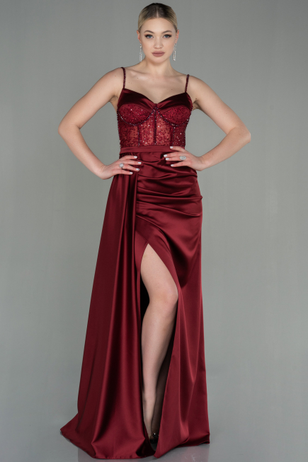 Weinrot Abendkleid Satin Lang ABU2130