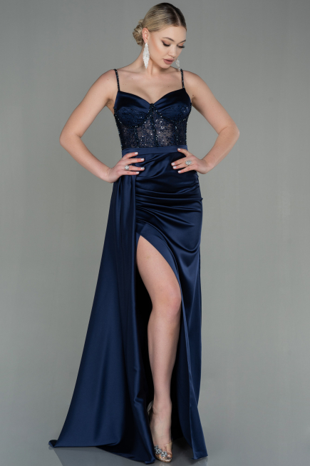 Marineblau Abendkleid Satin Lang ABU2130