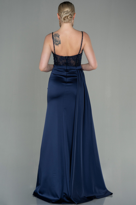 Marineblau Abendkleid Satin Lang ABU2130