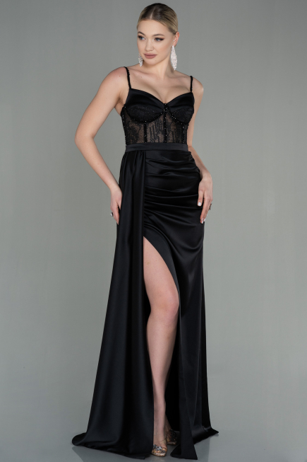 Abendkleid Lang Satin Schwarz ABU2130