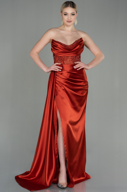 Zimtfarben Abendkleid Satin Lang ABU2127