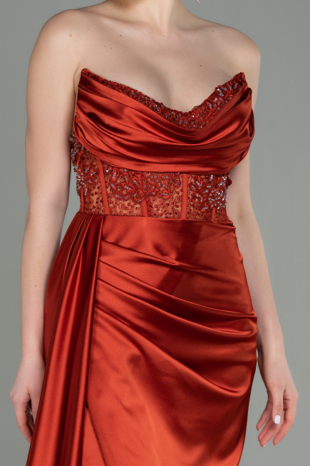 Zimtfarben Abendkleid Satin Lang ABU2127