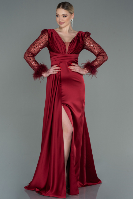 Abendkleid Lang Satin Weinrot ABU3080