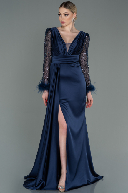 Abendkleid Lang Satin Marineblau ABU3080