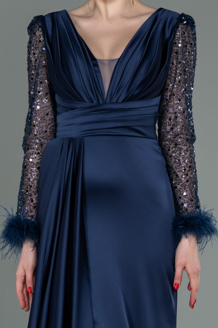 Abendkleid Lang Satin Marineblau ABU3080