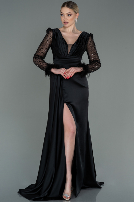 Abendkleid Lang Satin Schwarz ABU3080
