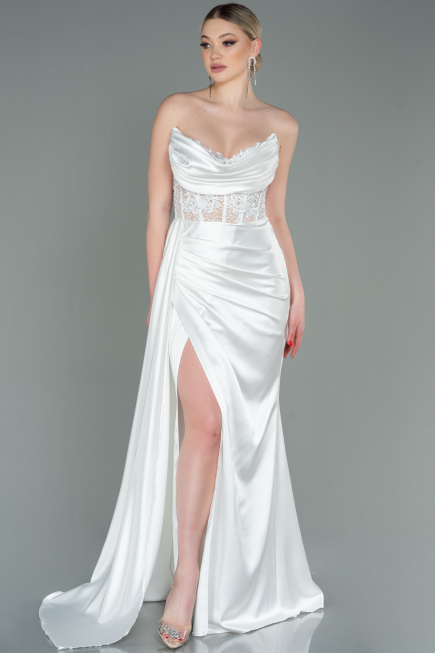 Weiß Abendkleid Satin Lang ABU2127