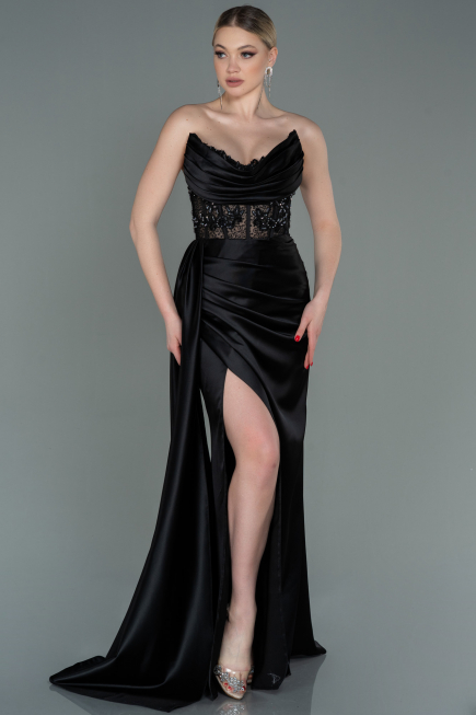 Abendkleid Lang Satin Schwarz ABU2127