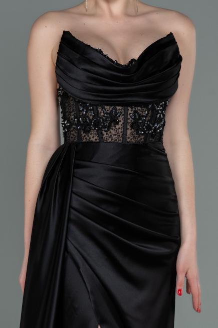 Abendkleid Lang Satin Schwarz ABU2127