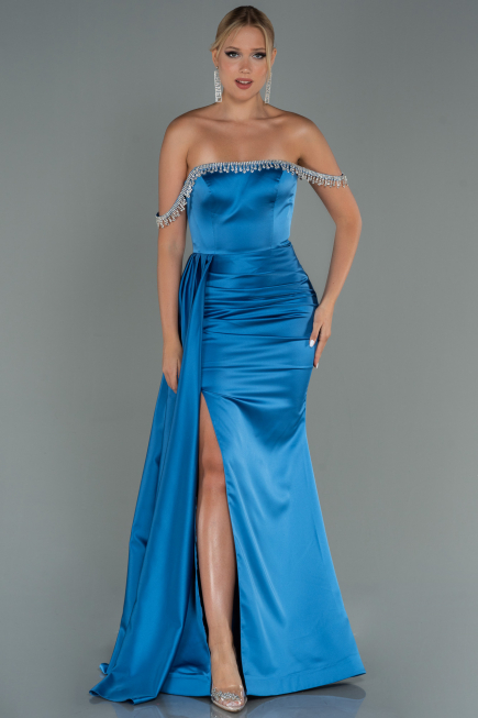 Indigo Abendkleid Satin Lang ABU2618