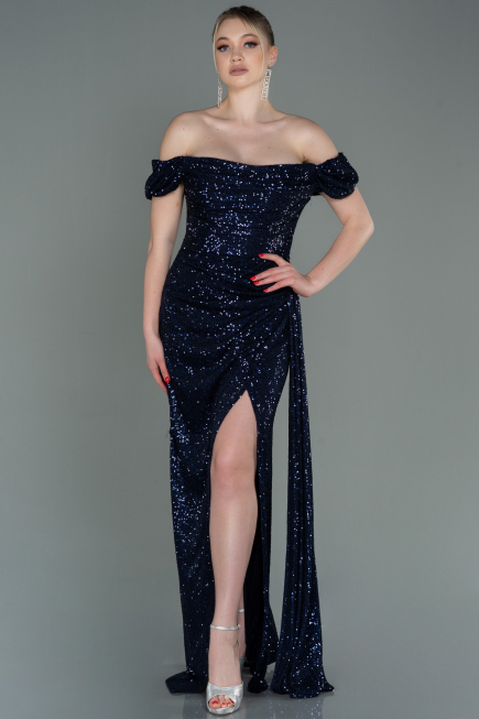 Abendkleid Lang Schuppig Marineblau ABU2987