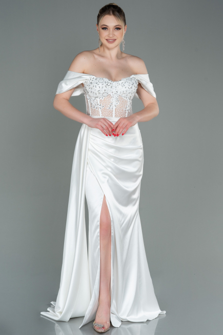 Weiß Abendkleid Satin Lang ABU2087