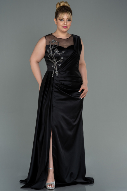 Kleider in Großen Größen Lang Satin Schwarz ABU3125