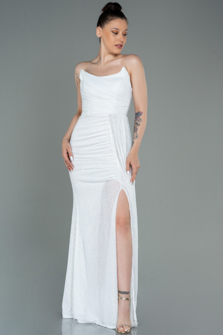 Abendkleid Lang Schuppig Weiß ABU3134