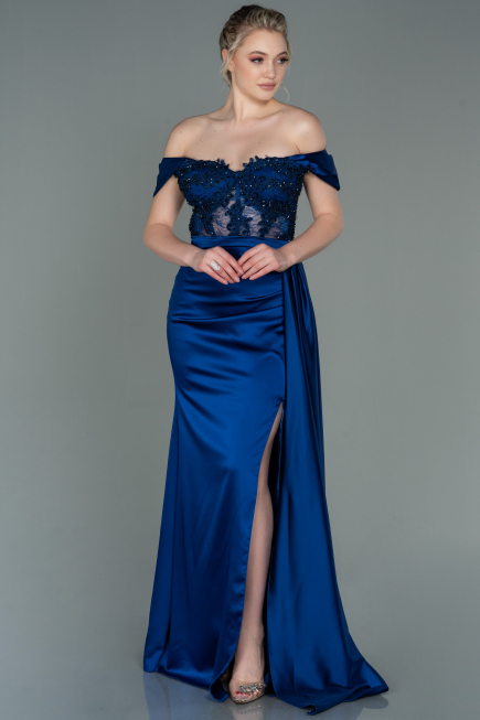 Azurblau Abendkleid Satin Lang ABU2374