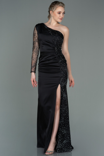 Abendkleid Lang Satin Schwarz ABU3162