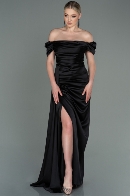 Schwarz Verlobungskleid Satin Lang ABU1606