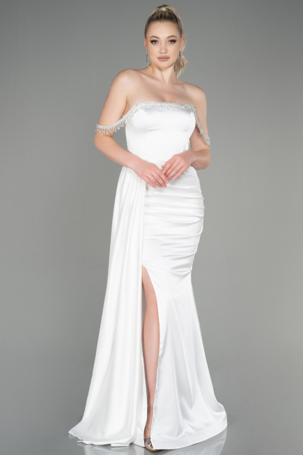 Weiß Abendkleid Satin Lang ABU2618