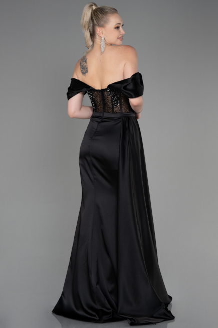 Abendkleid Lang Satin Schwarz ABU2087