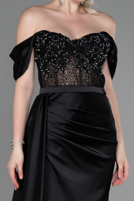 Abendkleid Lang Satin Schwarz ABU2087
