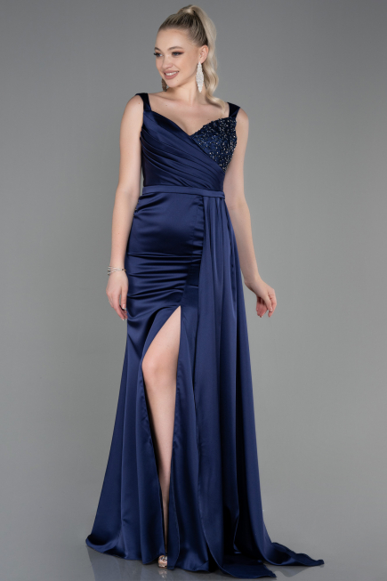 Abendkleid Lang Satin Marineblau ABU3235
