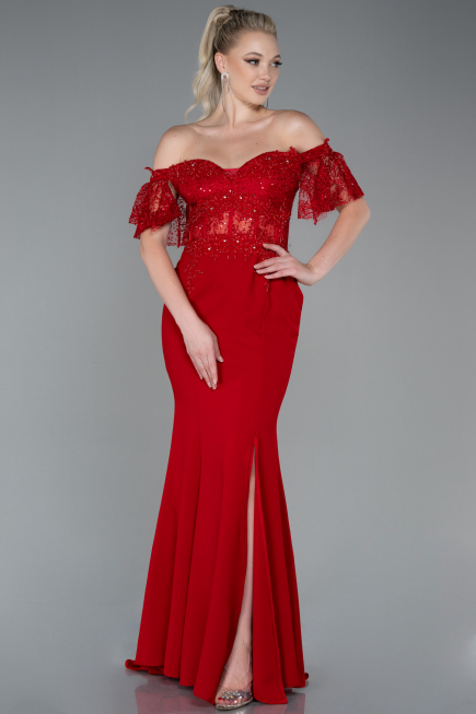 Abendkleid im Meerjungfrau-Stil Lang Spitze Rot ABU2581
