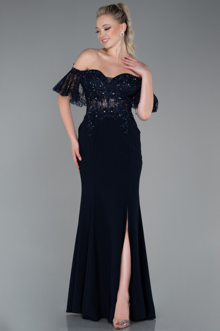 Abendkleid im Meerjungfrau-Stil Lang Spitze Marineblau ABU2581