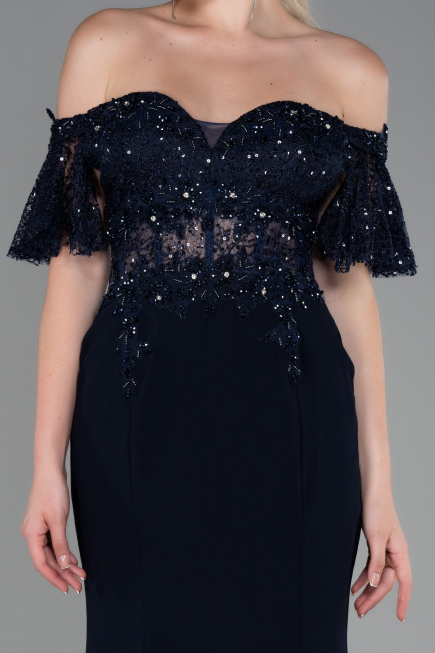 Abendkleid im Meerjungfrau-Stil Lang Spitze Marineblau ABU2581