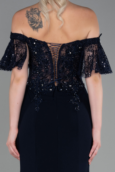 Abendkleid im Meerjungfrau-Stil Lang Spitze Marineblau ABU2581