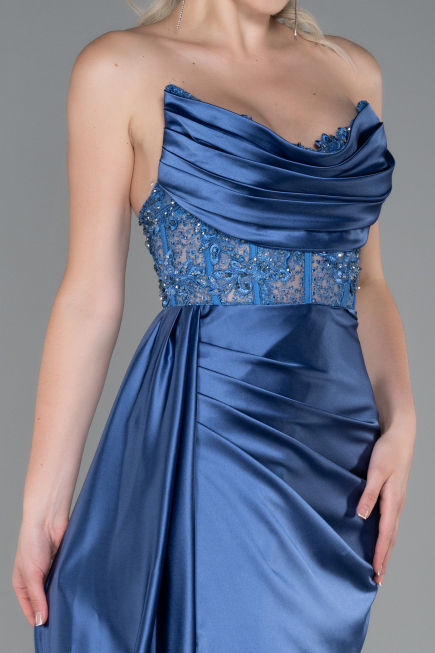 Indigo Abendkleid Satin Lang ABU2127