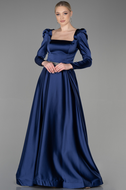 Abendkleid Lang Satin Marineblau ABU3316