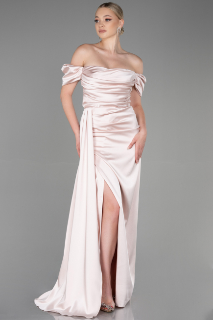 Nude Verlobungskleid Satin Lang ABU1606