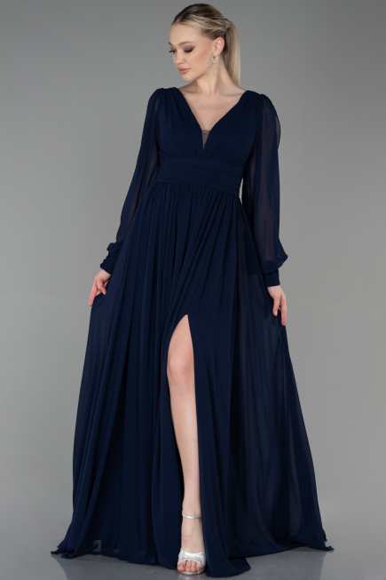 Marineblau Standesamtkleid Chiffon Lang ABU1702