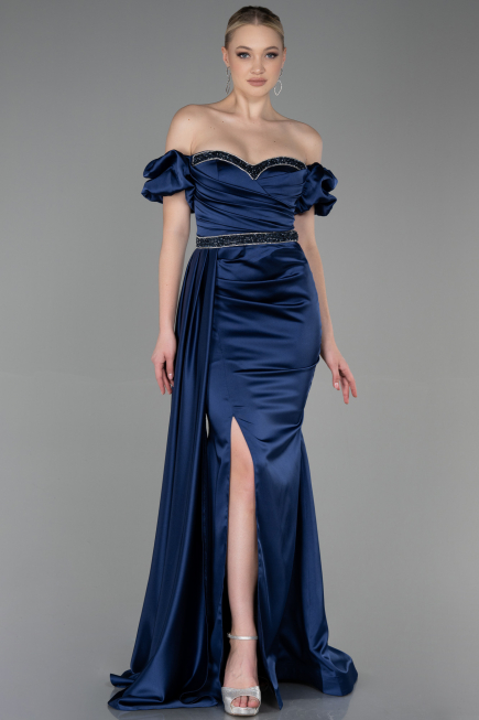 Abendkleid Lang Satin Marineblau ABU3331