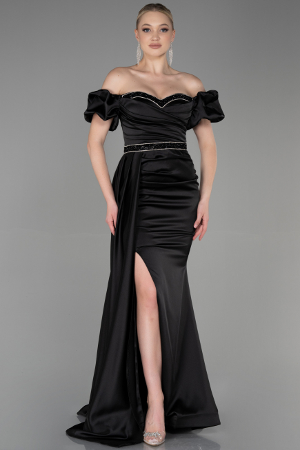 Abendkleid Lang Satin Schwarz ABU3331