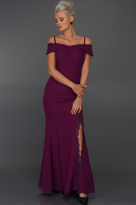 Uzun Violet Askılı Ve Yırtmaçlı Uzun Balık Abiye Elbise C7203