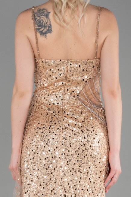 Designer Abendkleid Lang Schuppig Gold ABU3347