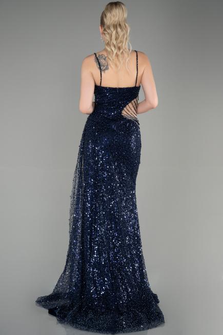 Designer Abendkleid Lang Schuppig Marineblau ABU3347
