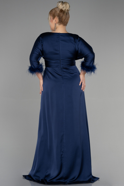 Abendgarderobe in Großen Größen Lang Satin Marineblau ABU3367