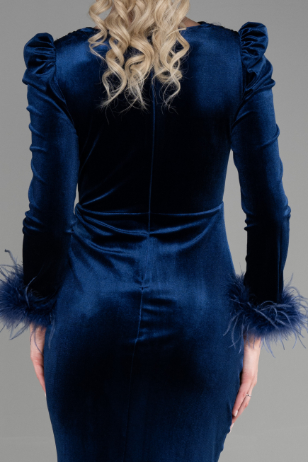 Abendkleid im Meerjungfrau-Stil Lang Samt Marineblau ABU3393