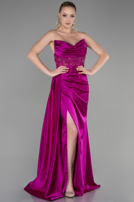 Fuchsie Abendkleid Satin Lang ABU3376