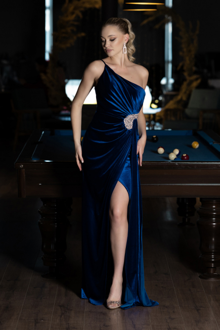 Abendkleid Lang Samt Sächsischblau ABU2626