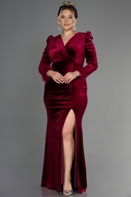 Langes Abendkleid aus Samt in Übergröße Lang Samt Weinrot ABU3394