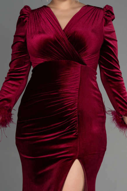 Langes Abendkleid aus Samt in Übergröße Lang Samt Weinrot ABU3394