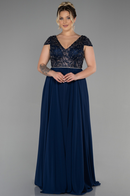 Abendgarderobe in Großen Größen Lang Chiffon Marineblau ABU3441