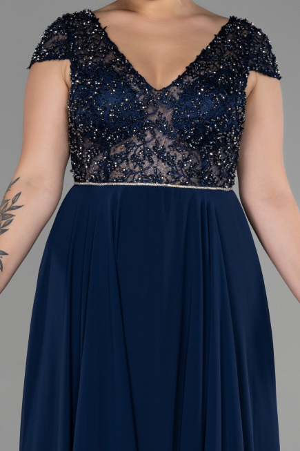 Abendgarderobe in Großen Größen Lang Chiffon Marineblau ABU3441