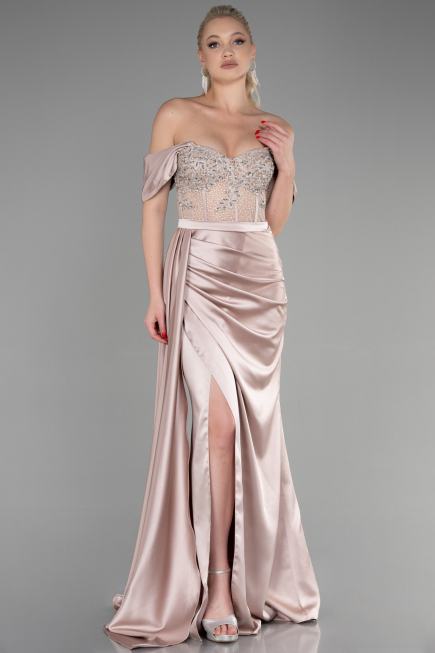 Cappuccino Abendkleid Satin Lang ABU3446