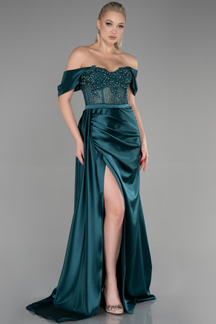 Abendkleid Lang Satin Smaragdgrün ABU3446