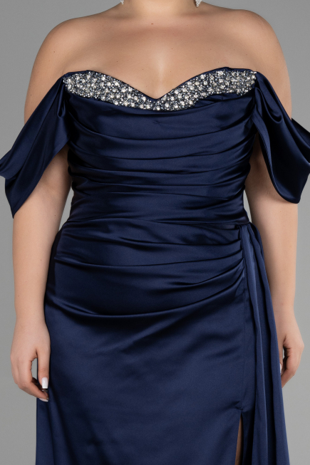Kleider in Großen Größen Lang Satin Marineblau ABU3469