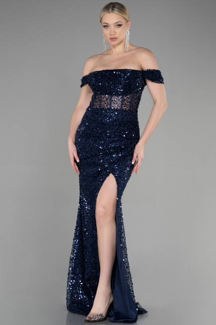 Abendkleid Lang Schuppig Marineblau ABU3498